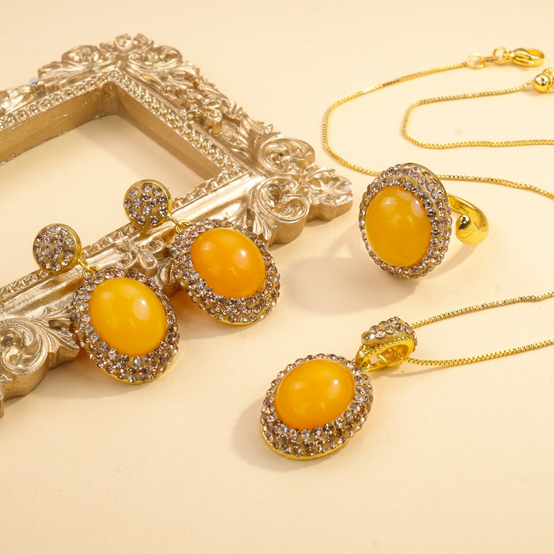 Beeswax Jade Three-Piece Set Inlaid with Zircon New Style Personalized Medieval High-End Jewelry Set Retro Niche Set