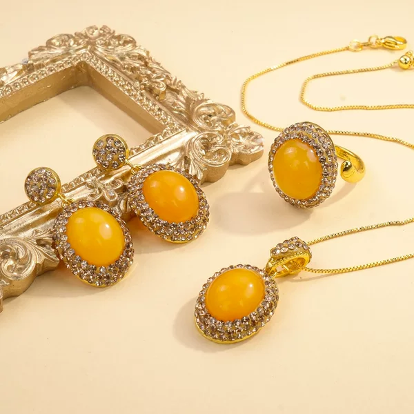 Beeswax Jade Three-Piece Set Inlaid with Zircon New Style Personalized Medieval High-End Jewelry Set Retro Niche Set