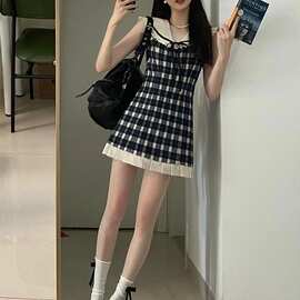 miu系穿搭学院风海军领格子无袖连衣裙女夏季2025新款小个子短裙