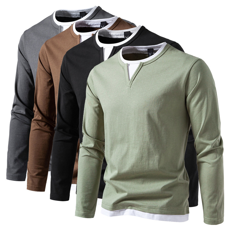 Cross-border Men's T-shirt Fake Two-piece Double-layer V-neck Autumn and Winter Fashion Stitching plus size Base Shirt Men's Long-sleeved T-shirt Cross-border Men's T-shirt Fake Two-piece Double-layer V-neck Autumn and Winter Fashion Stitching plus size Base Shirt Men's Long-sleeved T-shirt