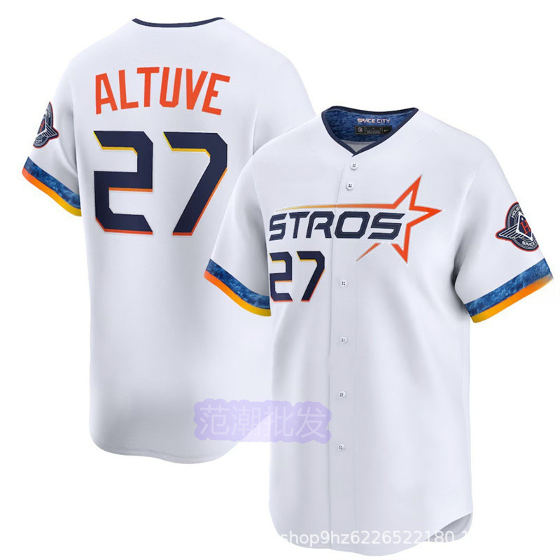 New Jersey Astros for Astronauts # 27 Jose Altuve White T-Shirt Embroidered Jersey Baseball Uniform