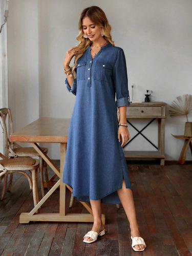 Women's European and American Spring/Summer/Fall Casual V-Neck Denim Dress with Flap Pockets, Side Hem A-Line Skirt