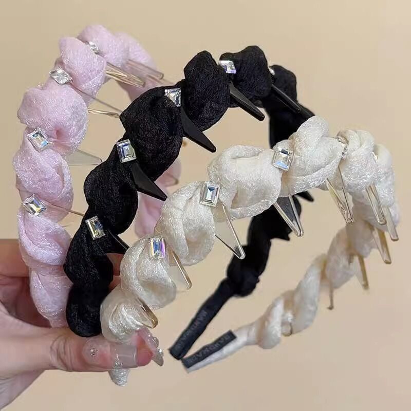 新しいレトロなラインストーンツイストヘッドバンド、ハイエンドでエレガントなヘッドバンド、ヘアピン、女性用インターネットセレブスタイルのつば広ヘアプレス洗顔フープ|undefined