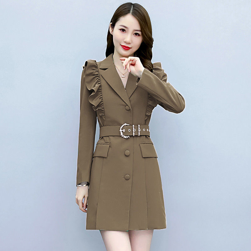 Damenbekleidung Herbst und Winter Professionelle Langarm Schlanke Temperament Taille Promi Einfarbige Windjacke für Frauen_voghion.com