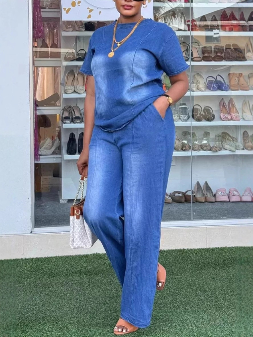 European and American Foreign Trade Cross-Border Aliexpress Amazon New Fashion Washed Blue Loose Short-Sleeved Denim Women's Suit Trendy 5