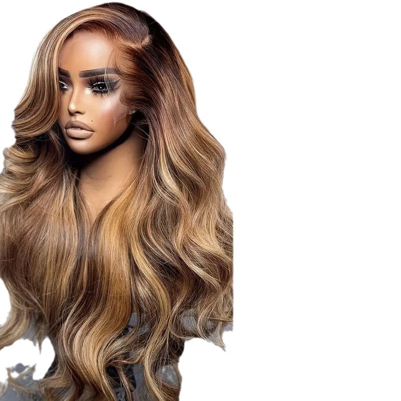 Peruca feminina com aplique de cabelo sintético, ondas grandes e cachos na cor piano, modelo Fashion Front Lace Full Headage. Produto mais vendido._voghion.com