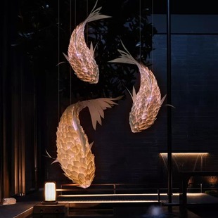 Chinese Fish-Shaped Chandelier Restaurant Hot Pot Restaurant Restaurant Style Art Lamp Vintage Hotel Lobby Catering Wood Skin Fish Lamp