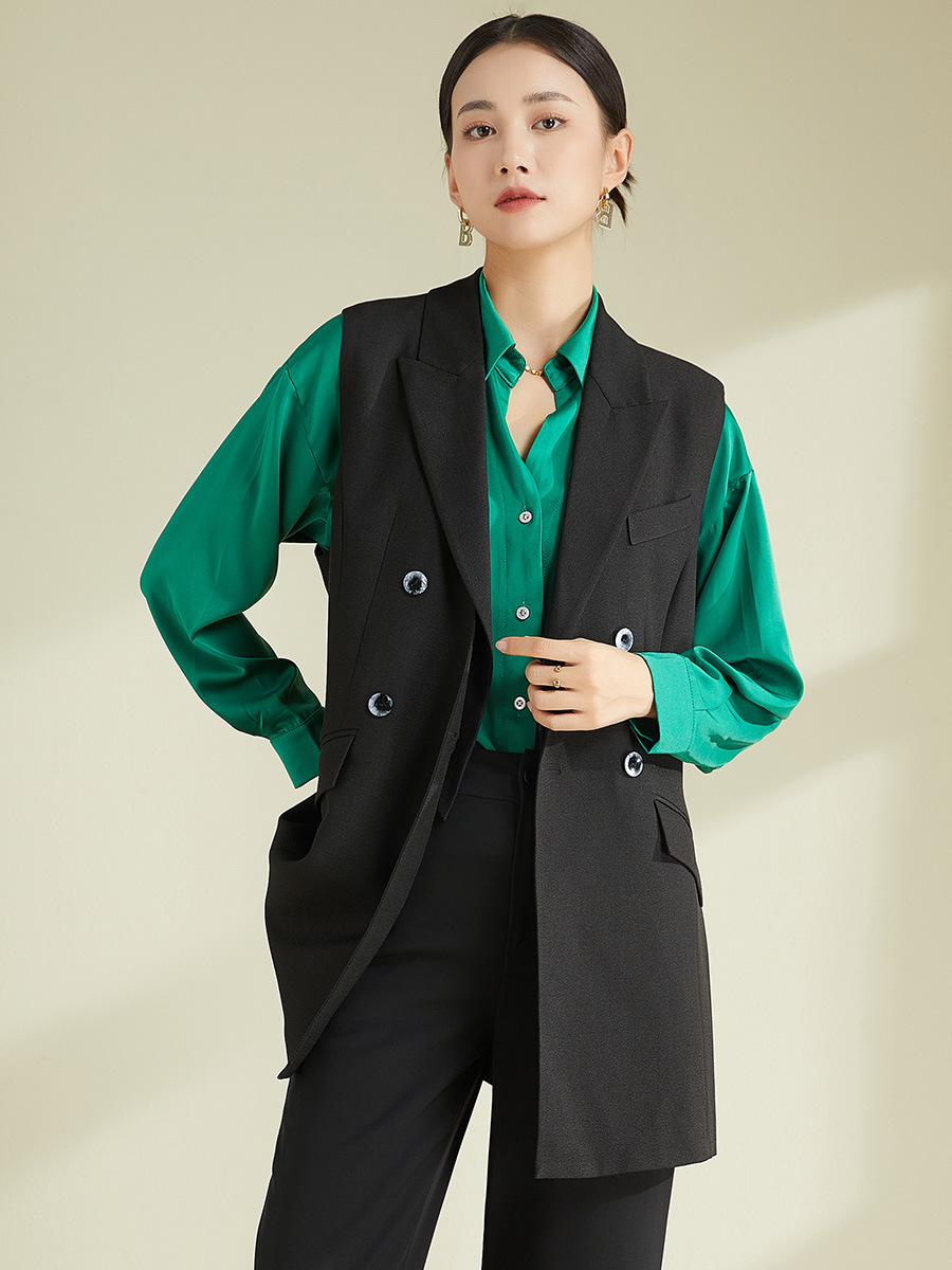 Áo vest gile nữ kiểu Pháp dáng rộng không tay — Màu đen (không bao gồm cổ áo)