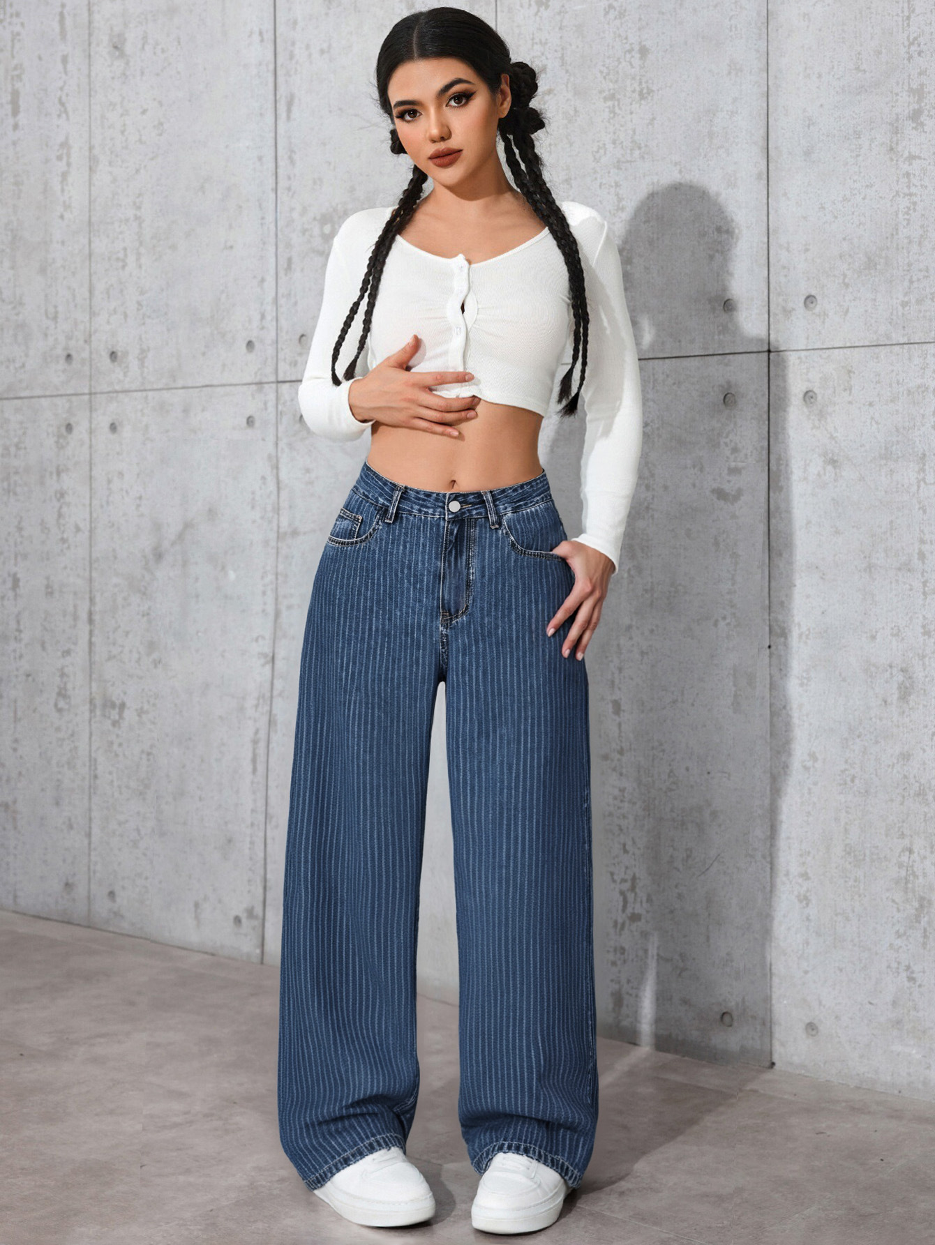 Women's High-Waisted Straight Leg Jeans Size 26 Sweet And Spicy Style Casual Striped Trousers Top Selling_mkmklike.com