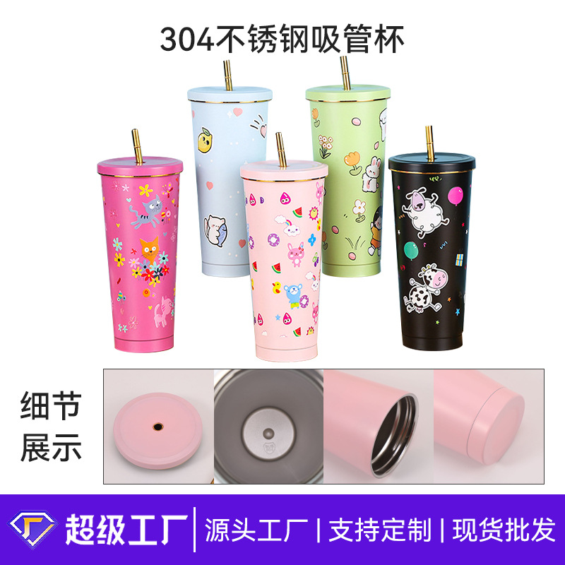 Taza de acero inoxidable 304 con pajita, termo portátil de gran capacidad, ideal para café, coche o regalo