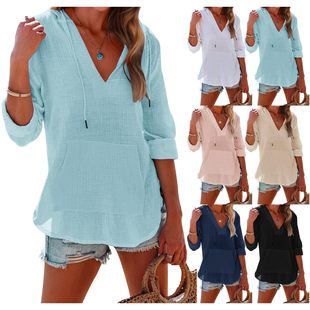 2025 Amazon Summer Beach Cover up Hoodie Sports Long Sleeve V Neck Pocket Hooded Women's Shirt Top