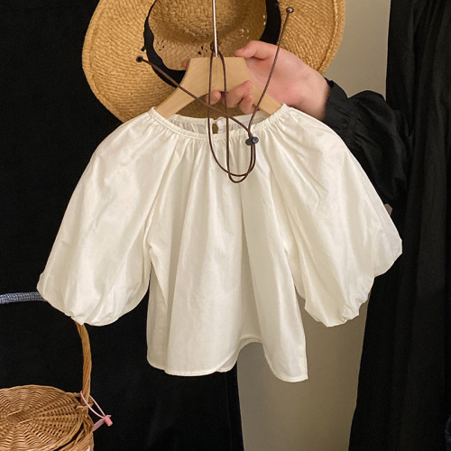 Korean children's clothing  spring new style girls' temperament lantern sleeve shirt bow denim suspender skirt suit