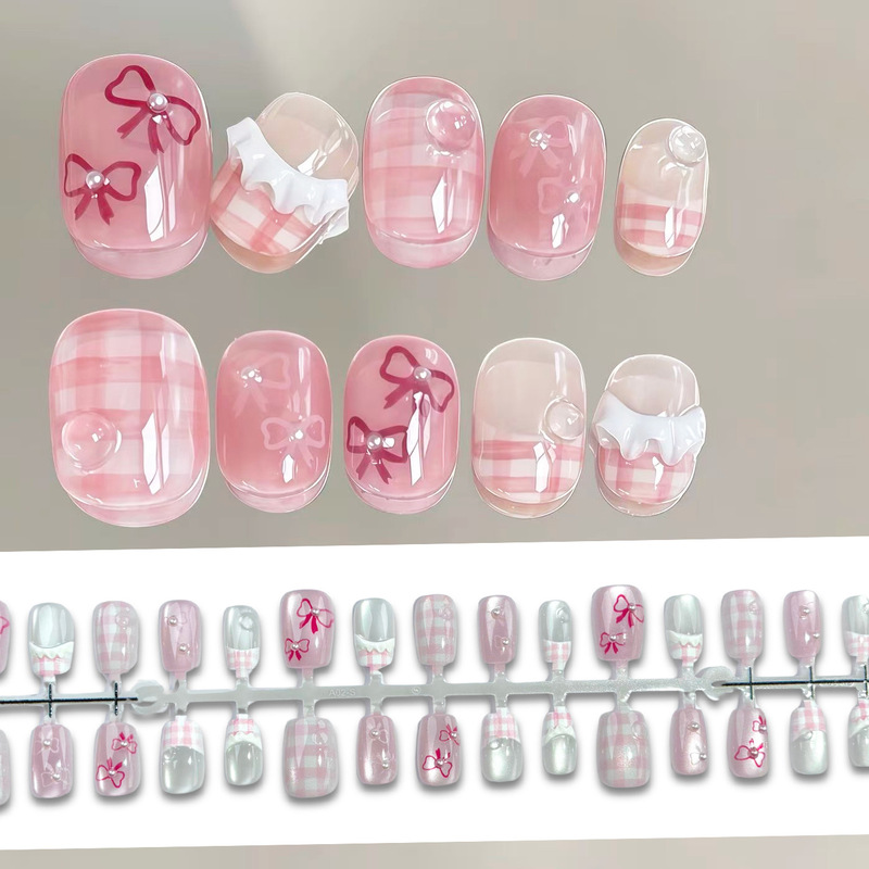 Pink Summer Clear Glass Bead Cat Eye Wearable Nails 3D Skirt Pattern Bowknot Ins Girl Nail Stickers