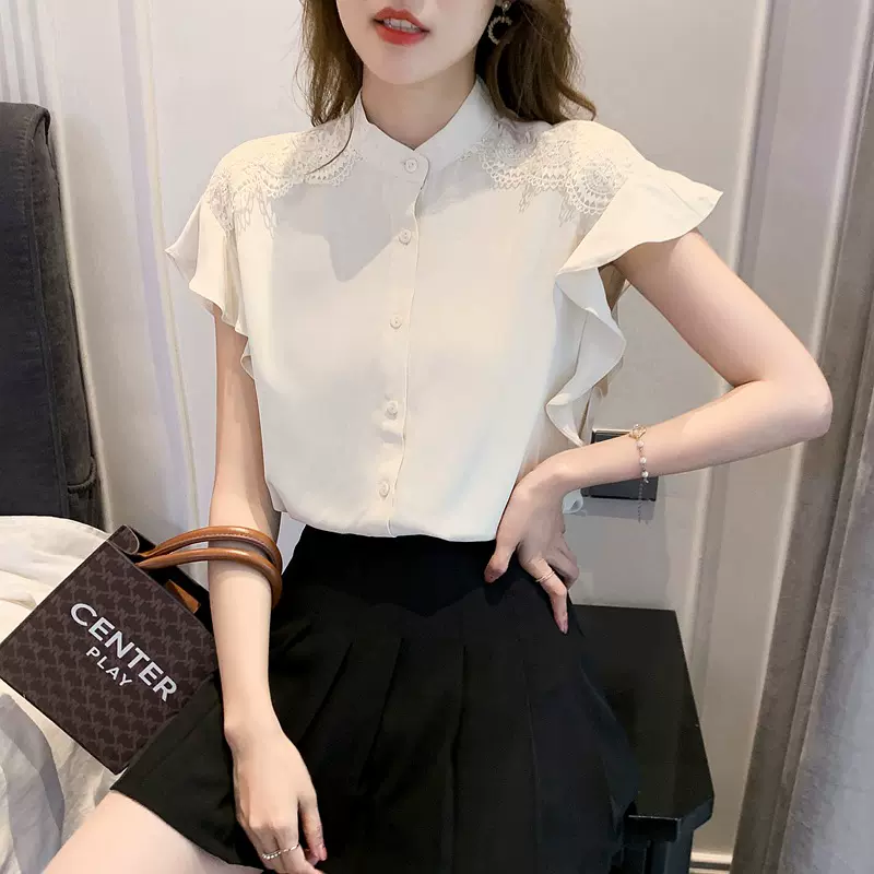 实拍气质蕾丝拼接雪纺衫2025夏季新款洋气小衫高档超仙上衣