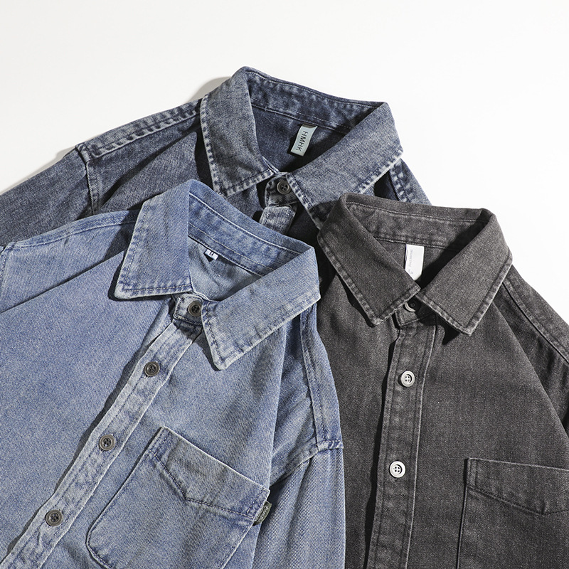American Washed Light Blue Denim Shirt Long-Sleeved Men's Spring & Fall Trendy Brand Loose Casual Work Jacket Jacket