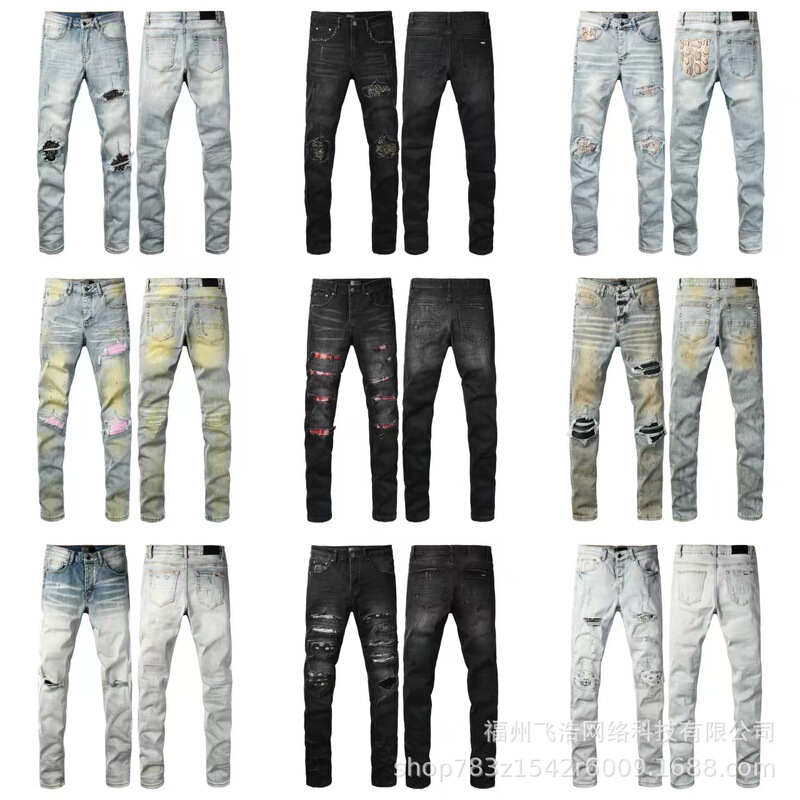 High-Quality Foreign Trade Stock with Complete Labels, European and American Street Style Men's Jeans, Fashionable Slim-Fit Ripped Patch Jeans High-Quality Foreign Trade Stock with Complete Labels, European and American Street Style Men's Jeans, Fashionable Slim-Fit Ripped Patch Jeans