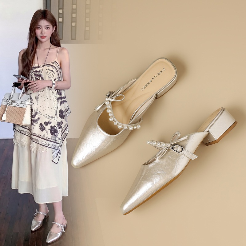 Dép lê Mary Jane nữ mũi nhọn quai ngang kiểu Pháp — KH61T Champagne màu