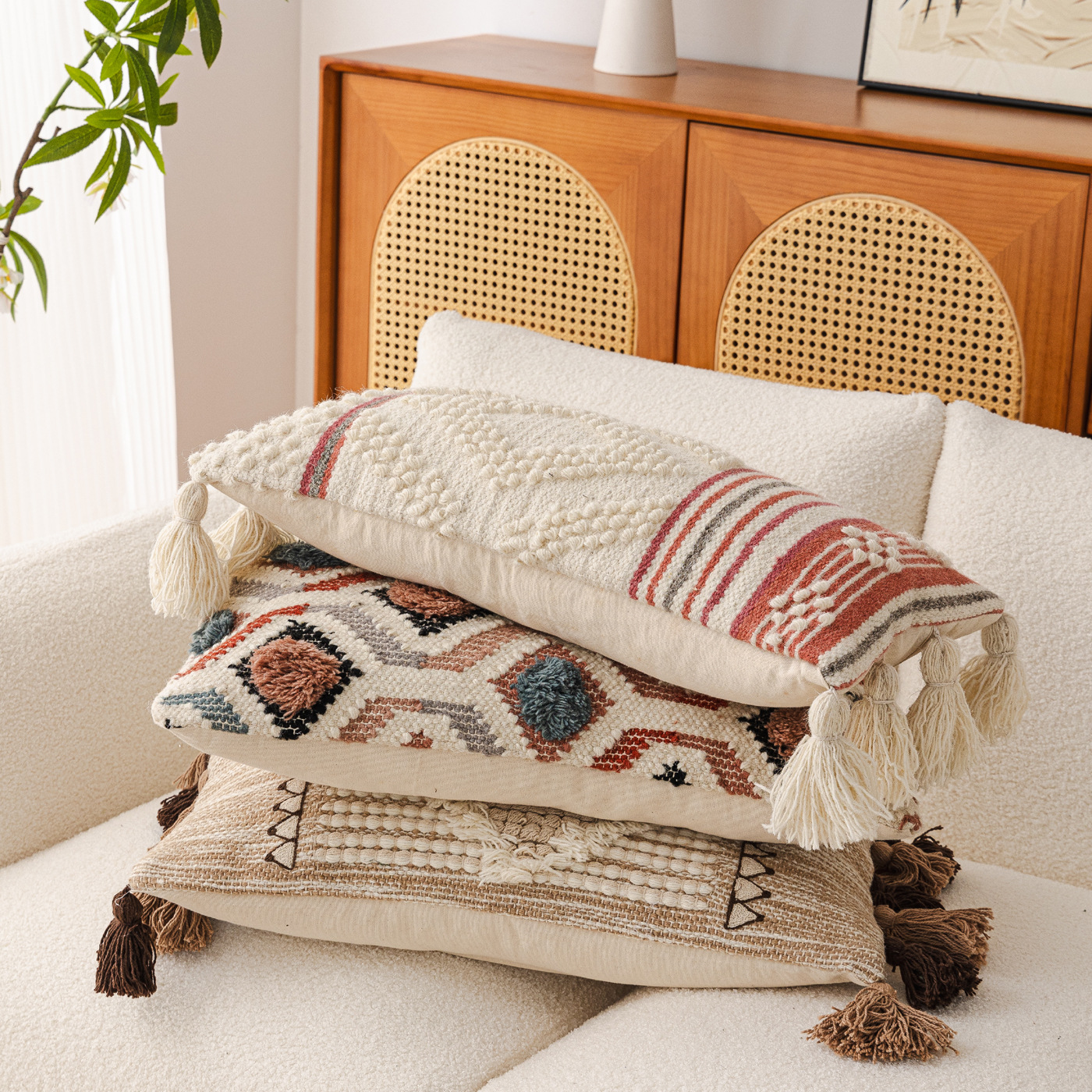 Indian Handmade Wool Woven Long Pillow Living Room Sofa Pillow Bedside Cushion Moroccan B&B Waist Pillow