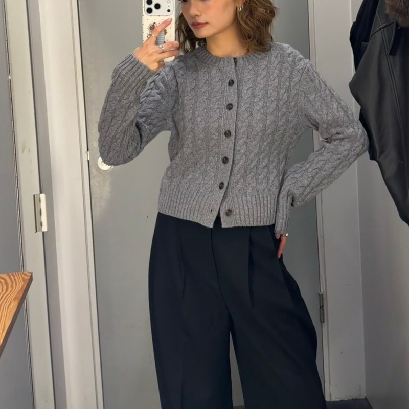CS Women's Gray Cable Knit Wool Blend Cardigan 2026 Spring and Autumn New Top Sweater 1333861001