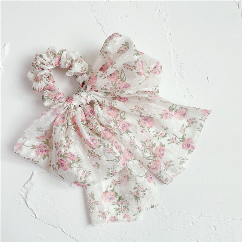 South Korea Dongdaemun Bowknot Large Intestine Streamer Hair Tie Imported Chiffon Rubber Band Floral Fairy Sausage Ring Super Fairy Internet Celebrity