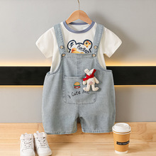 工厂批发夏季小熊牛仔面料1--3岁男宝宝短袖背带裤两件套装不掉色