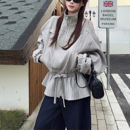 复古条纹翻领长袖新款开衫外套女秋冬美式设计感小众夹克气质上衣|undefined