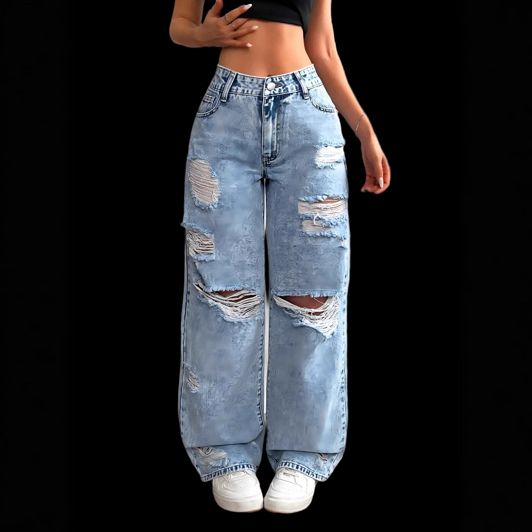 Women's Relaxed Fit Straight Leg Jeans - Vintage Washed Denim, Wide Leg Comfort, Street Style Casual Pants For Everyday Wear_ecoleips.com