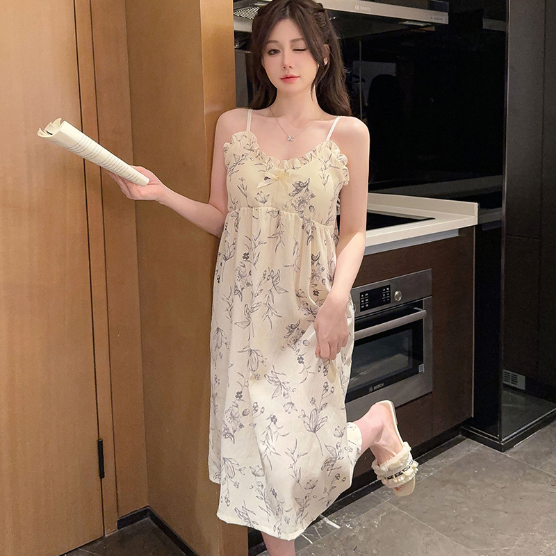 Verano con almohadilla de pecho pijama largo mediano pijama mujer nubes de algodón dulce lindo estudiante vestido de ropa casera casual