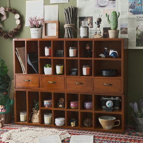 Desktop storage box tape cosmetics shelf desk stationery table wooden retro drawer zakka cabinet