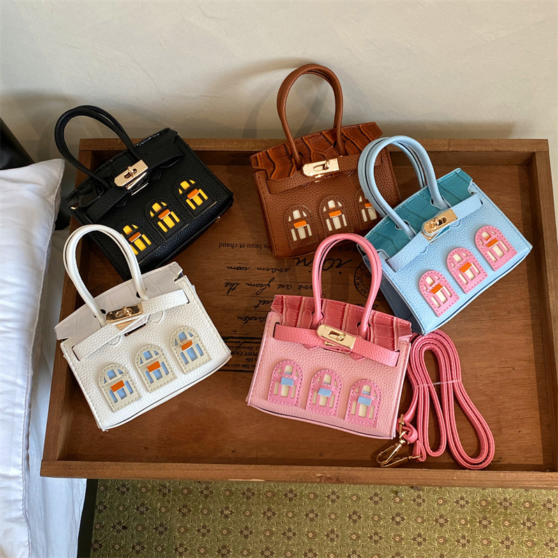 ins cross-border crocodile-patterned lychee-patterned small house-shaped handbag for girls, children's tote bag, shoulder bag, crossbody bag, mini handbag