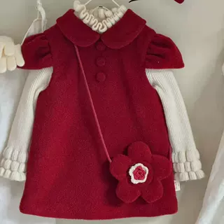 现货秒发女童连衣裙圣诞服宝宝甜美礼服翻领公主裙生日裙圣诞礼服