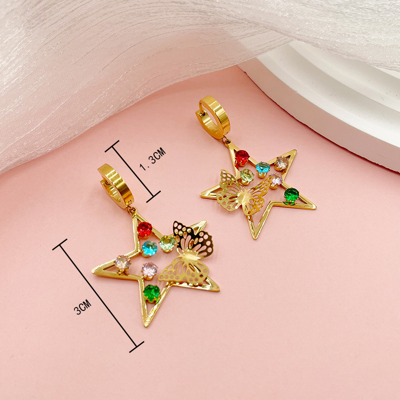 Retro Star Heart Shape Butterfly Stainless Steel Inlay Crystal Zircon Earrings 1 Pair display picture 3