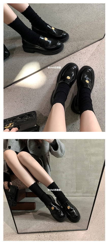 Giày lười nữ đế dày mũi tròn gắn khóa đồng xu nhỏ, giày da đơn gót thô 3–5 cm — Màu đen (lót nhung), Màu đen (trong da) chi tiết 13