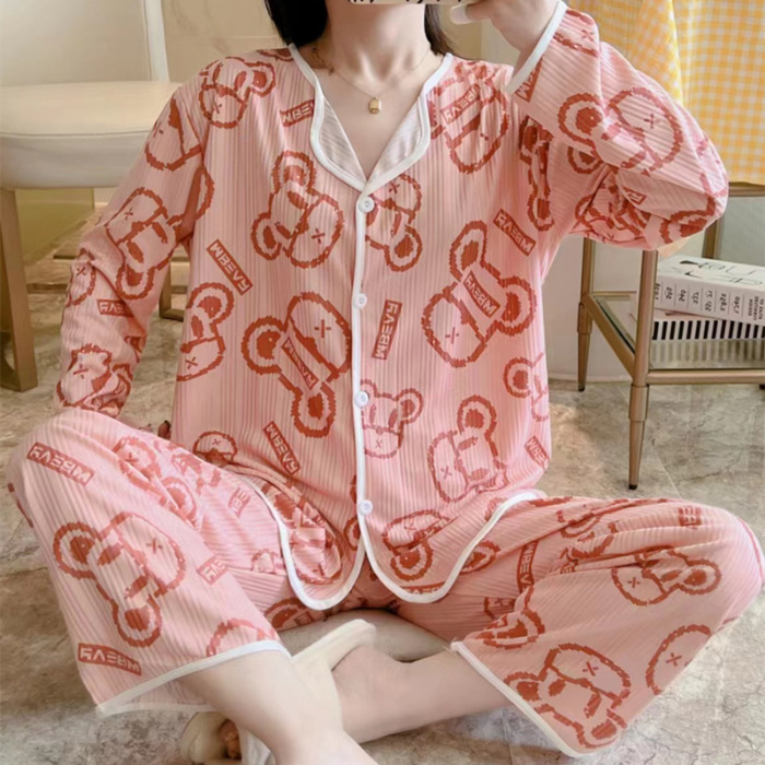 Pijamas de comercio exterior de las mujeres de manga larga cardigan melocotón corazón oso solapa pequeña ropa de hogar fresca traje de dos piezas transfronteriza mujeres lindas