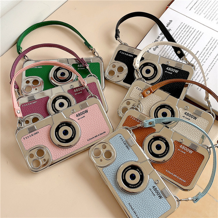 Stereo camera suitable for iPhone 15 promax Apple 14 phone electroplated 13 leather rope 12 soft case female_voghion.com