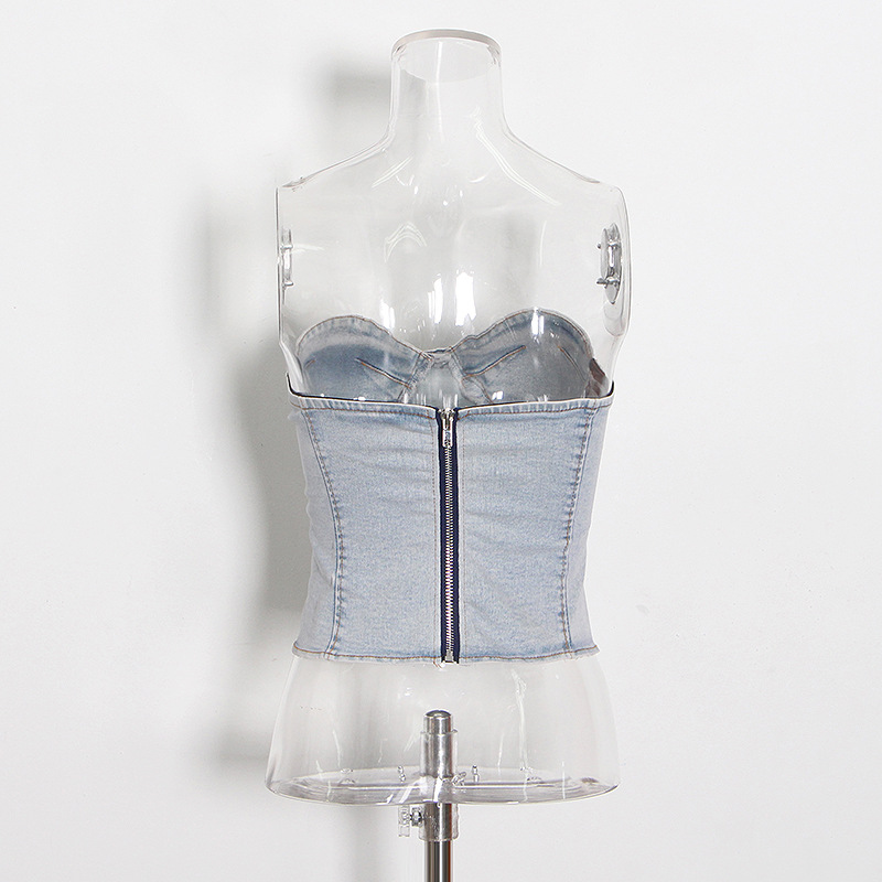 Sexy Pants Set Summer Tube Top Washed Blue Vest High Waist Long Wide Leg Jeans Women