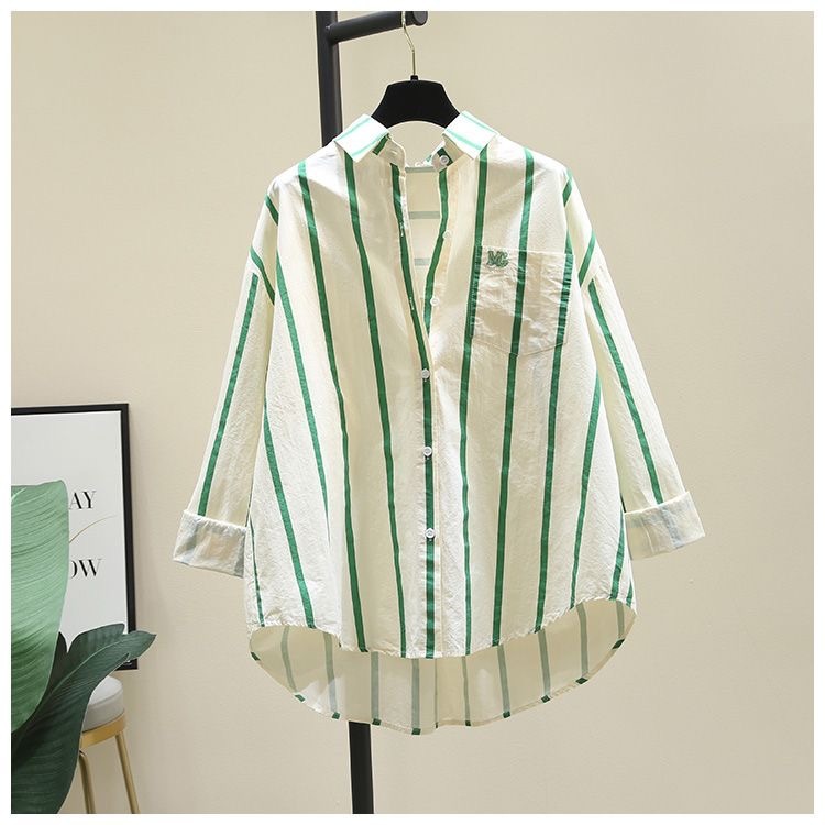 棉2024春秋新款韩版小清新百搭开衫条纹印花单口袋宽松长袖衬衫女详情4