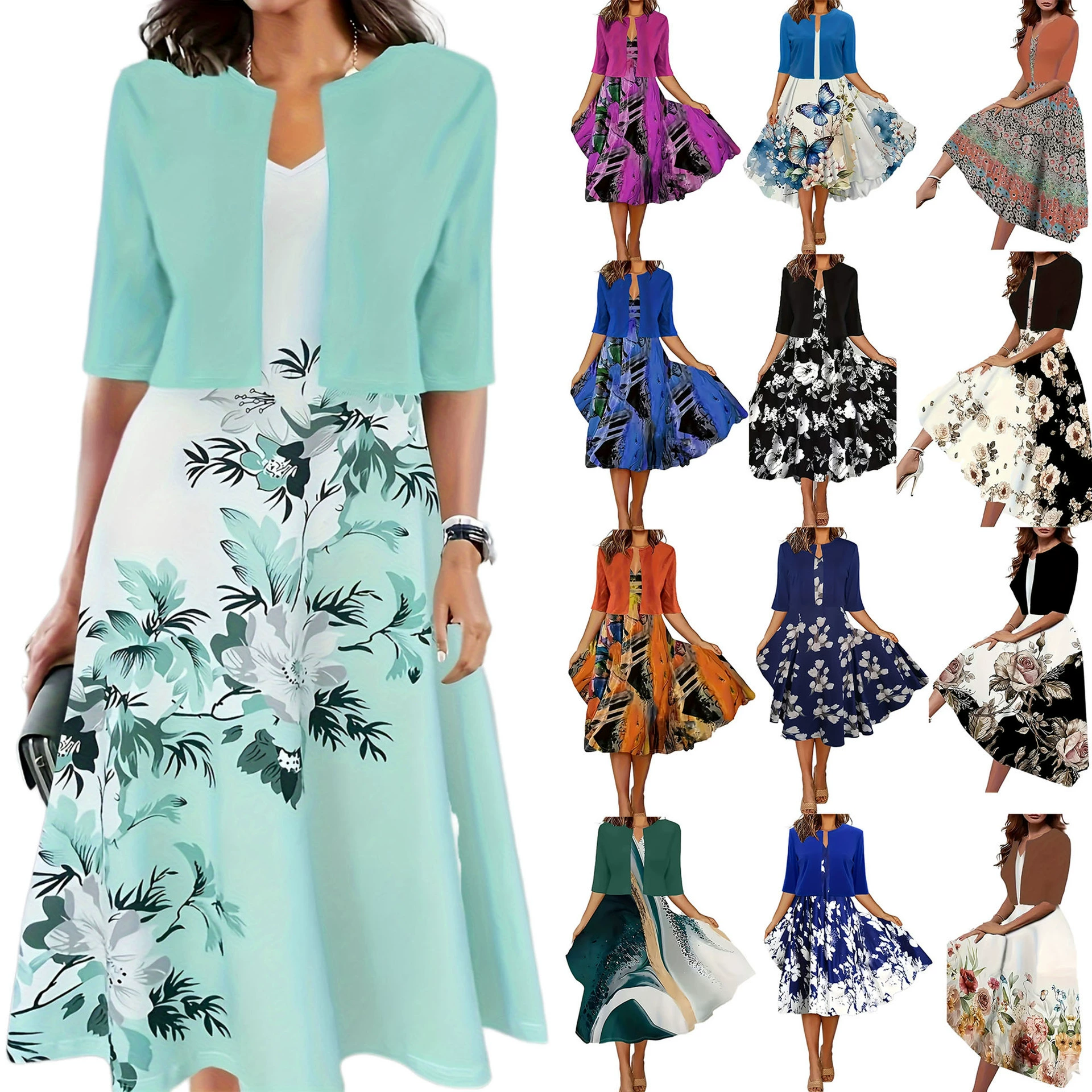 2024 Европейская и американская осенняя новинка Amazon: женский комплект из длинной юбки и жакета с цветочным принтом, круглый вырез, для женщин