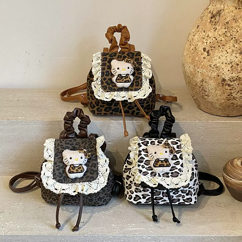 可爱豹纹复古花边抽绳猫咪双肩包男女童2025韩版百搭时尚研学书包