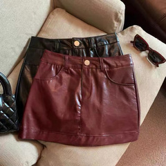 Burgundy leather skirt hot girl hip skirt women 2025 autumn and winter high waist slim short skirt font skirt