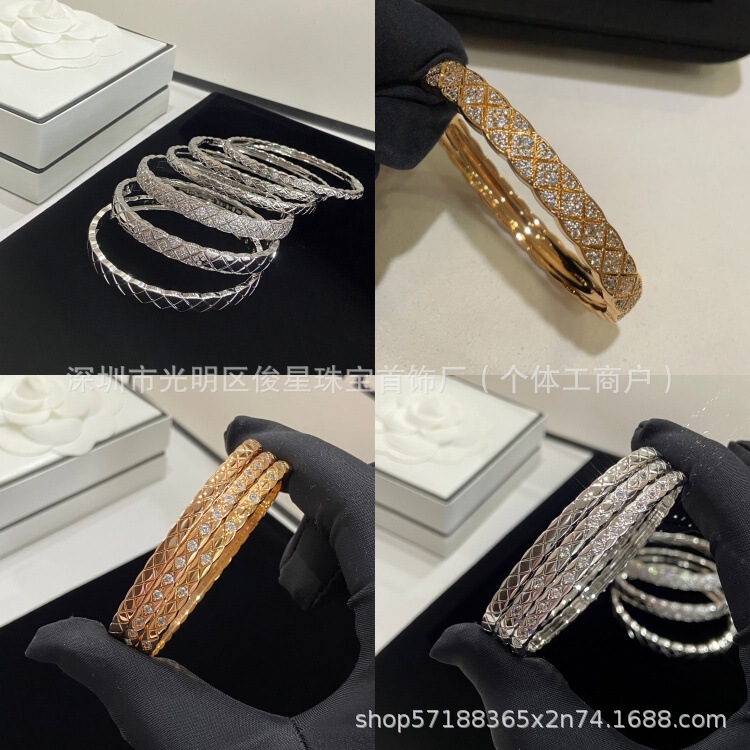 925 Silver Diamond Pattern Bracelet, Wide and Narrow Versions, 18K Rose Gold Cnc Chanel Style Coco Diamond Pattern Light Luxury Bracelet Wholesale