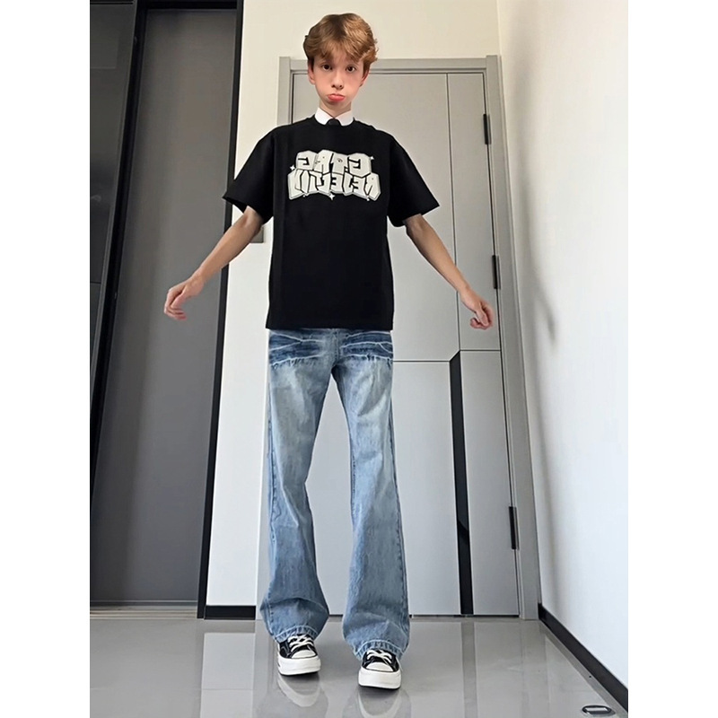 Washed Blue Lightning Crackle Jeans for Men, Cleanfit Straight-Leg Slightly Flared Pants, New Spring Men's Fashion