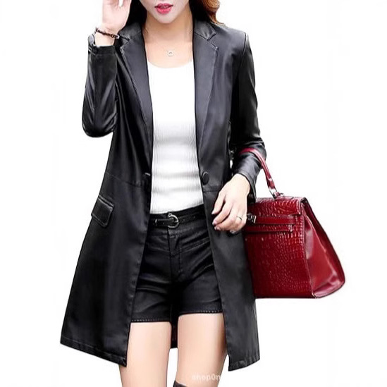 春秋新款女士皮衣西装领大衣外套pu一件代中长款皮风衣显瘦复古风