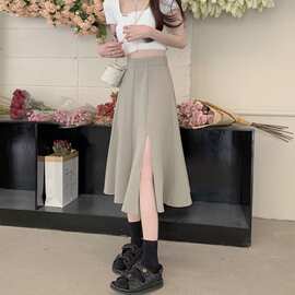 网红爆款开叉半身裙女2026新款夏季高腰a字显瘦伞裙长裙小个子裙