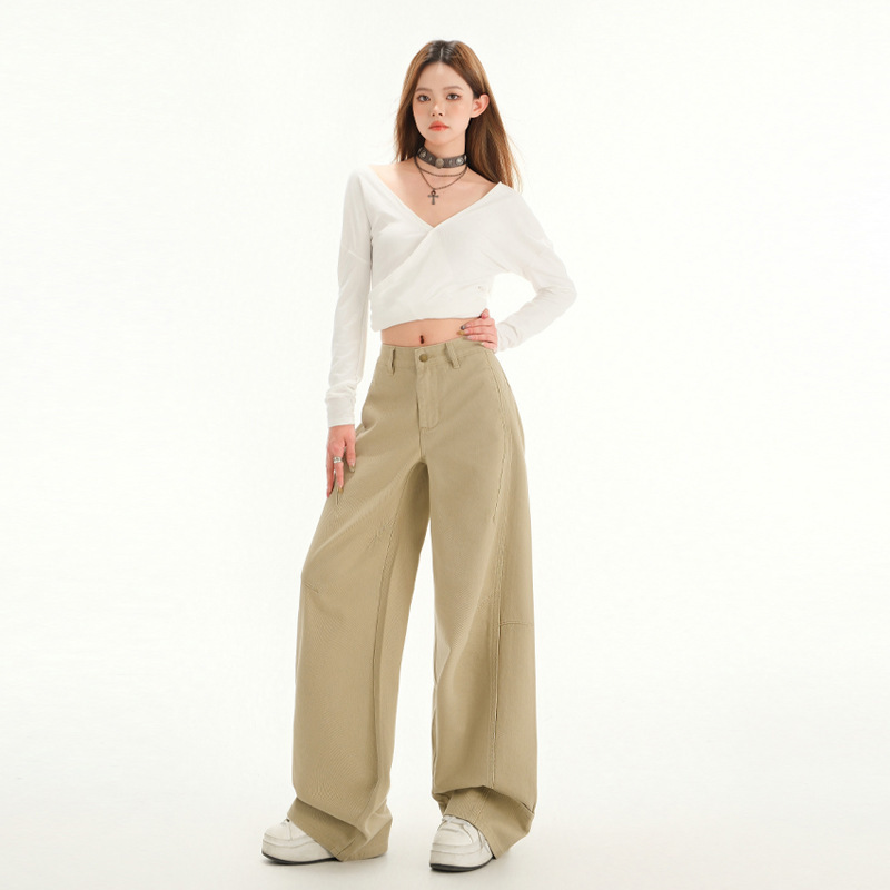 SY7609 New American Style Retro Jeans Women's Design Sense Stitching khaki Loose Wide Leg Straight Pants