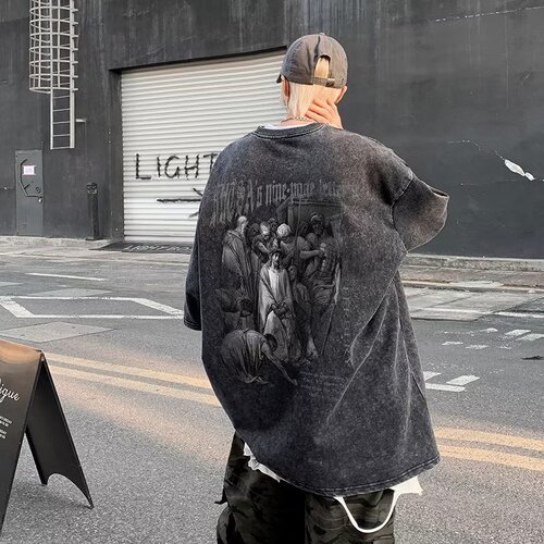 Vintage Washed American Style Men's Summer Streetwear Hip-Hop Short Sleeve T-Shirt Loose Casual Half-Sleeve Tee