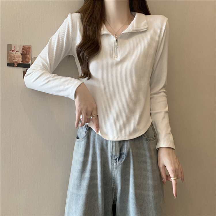 长袖polo领t恤女2025新款秋季大码胖m修身打底显瘦不规则短款上衣|undefined