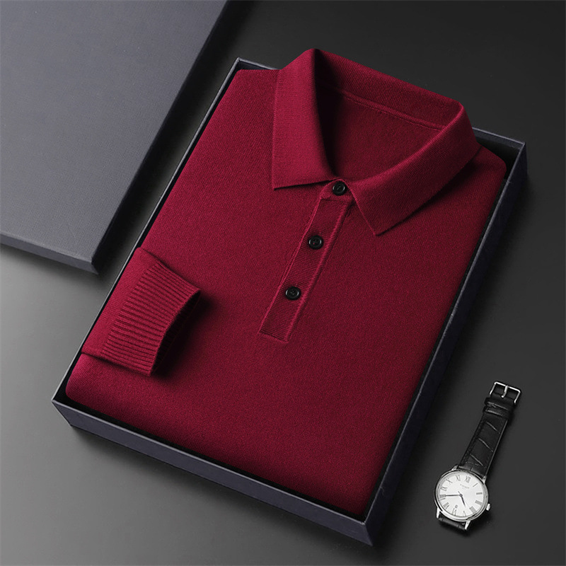Long sleeved collar knitted men, autumn and winter new collection, solid color, middle-aged commuting, simple base_voghion.com