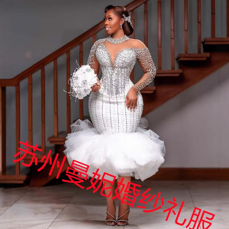 Amazon's New Foreign Trade Wedding Dress European and American Cross-Border Bridal Wedding Lace Long-Sleeved Round Neck Deep V Wedding Dress Amazon's New Foreign Trade Wedding Dress European and American Cross-Border Bridal Wedding Lace Long-Sleeved Round Neck Deep V Wedding Dress