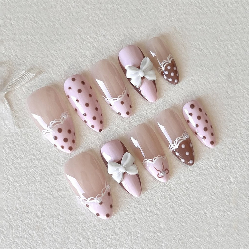 30 Pieces of European and American Best-Selling Wearable Nails with French Pink and Brown Polka Dots, Bow Lace Design, Almond-Shaped Nail Tips